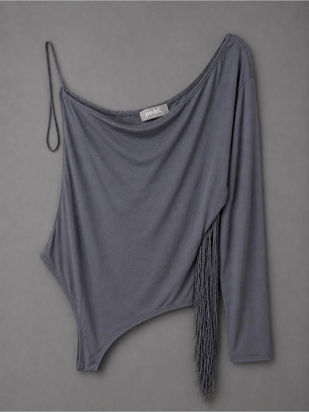 Blue B Gray Off Shoulder Fringe Bodysuit.
